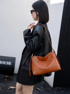Borsa a tracolla da donna in vera pelle marrone borsa a spalla elegante autunno.