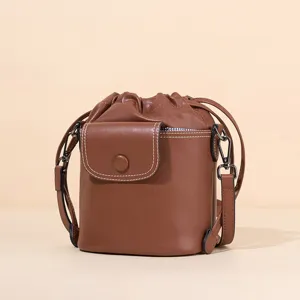 Genuine Leather Bucket Bag For Women Fashion Drawstring Shoulder Crossbody Bag Commuter Versatile Small Handbag