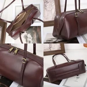 Burgundy leather shoulder bag retro boston bag elegant hobo handbag with metal zippers