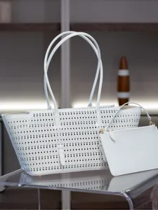 Grand Cabas Ajouré En Cuir Véritable Avec Poche Intérieure Sac À Main Mode Décontracté Design Minimaliste Sac D'Épaule Pour Femmes