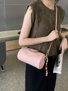 Genuine Leather Cylinder Bag For Women Small Crossbody Bag Fashion Streetwear Casual Shoulder Bag With Bead Embellishment