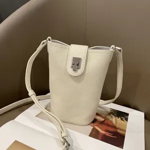 Genuine leather crossbody phone bag, stylish women shoulder bag with metal lock clasp.