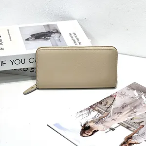 Portafoglio donna pelle vera lungo con zip borsetta elegante pochette casual beige