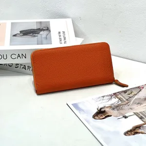 Portafoglio lungo da donna in pelle arancione con cerniera moda casual pratico portamonete