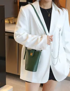 Green leather bucket bag women crossbody handbag minimalist vegetable tanned cowhide designer style