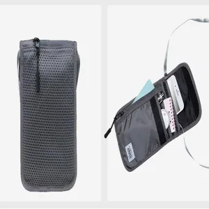 Grijze mesh outdoor draagbare telefoontas met kaarten sleuven en ritssluiting voor reizen.