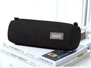 Black canvas cylindrical pencil case, minimalist stationery storage bag for students.
