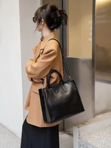 Borsa tote in pelle nera da donna, borsa da lavoro in pelle cerata retro, grande capacita.