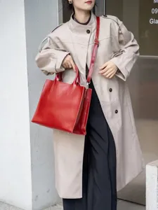 Borsa tote rossa elegante in pelle da donna, borsa a spalla vintage di alta qualità.