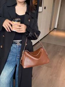 Borsa a spalla ascellare in vera pelle marrone vintage da donna, classica borsa hobo.