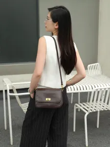 Retro brown leather crossbody small square bag for women casual shoulder bag new style