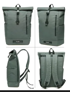 Grey nylon roll top backpack detail view showing the front, side and back angles clearly.