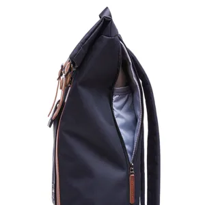 Casual nylon roll-top backpack with leather accents, side zipper pocket for daily travel.