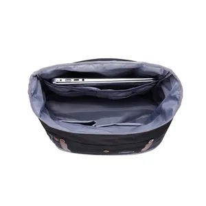 Black nylon casual backpack with laptop compartment, top loading school travel bag for daily.