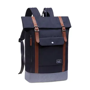 Classic canvas backpack with brown leather straps and multi pockets for daily travel use.