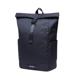 Stylish black roll-top nylon backpack with front zipper pocket and buckle strap for daily use.