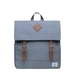 Zaino in tela grigia con spallacci in pelle marrone e stile vintage per uso quotidiano