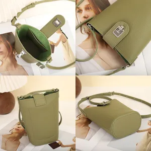 Green genuine leather crossbody phone bag, stylish women's single shoulder bucket bag for daily use.
