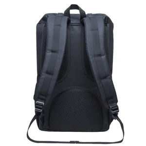 Black backpack back strap detail, breathable mesh and adjustable buckles for comfortable daily use.