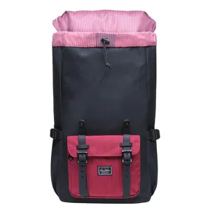 Detail view of casual canvas backpack featuring front pocket, buckle straps and striped lining.