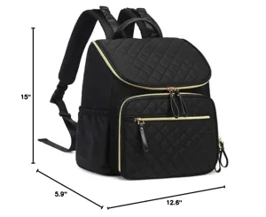 Zaino casual trapuntato nero da donna con cerniere dorate per viaggi quotidiani e tempo libero.