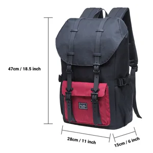 Detailed view of the black and red backpack showing dimensions and front pocket design.