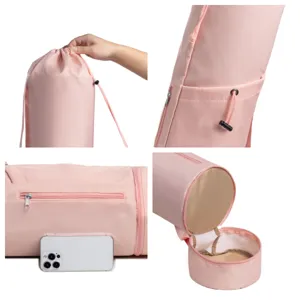 Pink yoga mat bag detail view showing drawstring closure, zipper pocket, and base compartment.