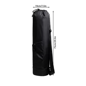 Black yoga mat bag detail view, multi-functional gym fitness travel backpack with dimensions.