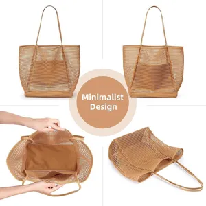 Large capacity mesh beach bag, casual tote and shoulder bag for travel, swimming, and daily use.