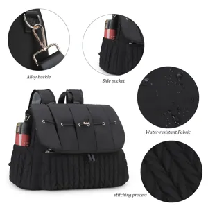 Gesteppter Wickelrucksack Detailansicht mit wasserdichtem Stoff, Metallbeschlägen und Taschen.