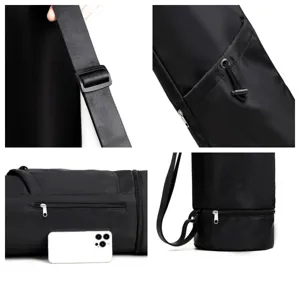 Detail view of black yoga mat bag, showing adjustable strap, zipper pocket and durable hardware.