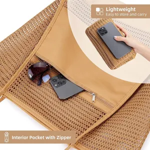 Detailed view of the mesh beach bag showcasing interior zippered pocket and lightweight portability.