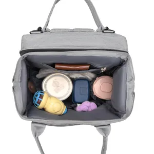 Grey multi-functional maternity diaper backpack with large capacity and multi compartments.