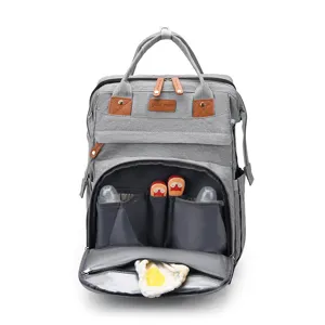 Multi-functional grey diaper backpack, large capacity travel mother bag for daily baby care.