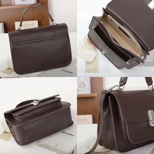 Dark brown genuine leather crossbody bag detail, high-end top layer cowhide small square shoulder bag