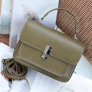 Women Fashion Genuine Leather Single Shoulder Crossbody Bag Top Layer Cowhide Lock Buckle Small Square Bag
