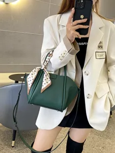 Bolso bandolera de cuero genuino verde oscuro elegante bolso de mano con bufanda para mujeres