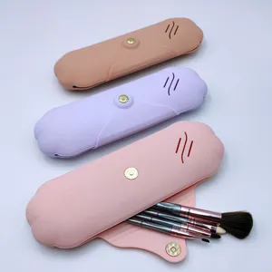 Portable silicone makeup brush bag detail, soft touch travel cosmetic tool storage organizer box.