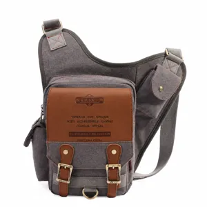 Canvas casual men chest bag tactical retro messenger shoulder bag with brown leather trim grey