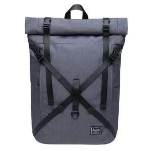 Grey roll-top backpack with black straps, outdoor travel rucksack, lightweight casual daypack.