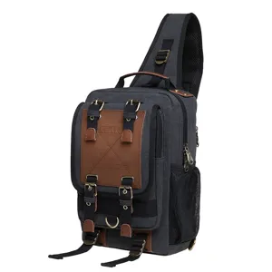 Men casual canvas chest sling bag, vintage outdoor travel crossbody backpack, grey main view.