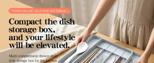 Detail view of silicone kitchen tableware storage tray in drawer setup, organized compartments.