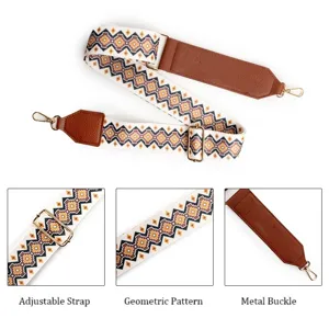 Detailed view of replacement bag strap showing adjustable metal buckle and geometric pattern.
