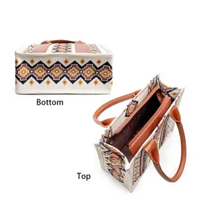 Detailed view of the bohemian Aztec pattern women tote handbag showing top and bottom structure.