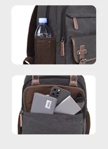 Canvas backpack detail showing side mesh pocket with water bottle and front storage compartment.
