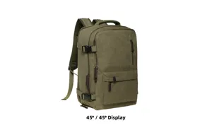 Canvas backpack 45 degree angle detail view showing the large capacity and durable design.