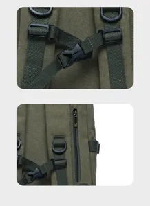 Green canvas backpack detail shot showing durable straps, plastic buckles and smooth zipper.