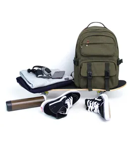 Retro green canvas backpack detail shot with outdoor travel props and daily accessories.