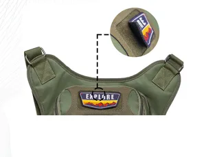 Army green tactical chest bag detail shot, featuring a Velcro EXPLORE embroidered patch design.
