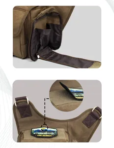 Retro canvas tactical messenger bag detail shot with multi-pocket and patch design.
